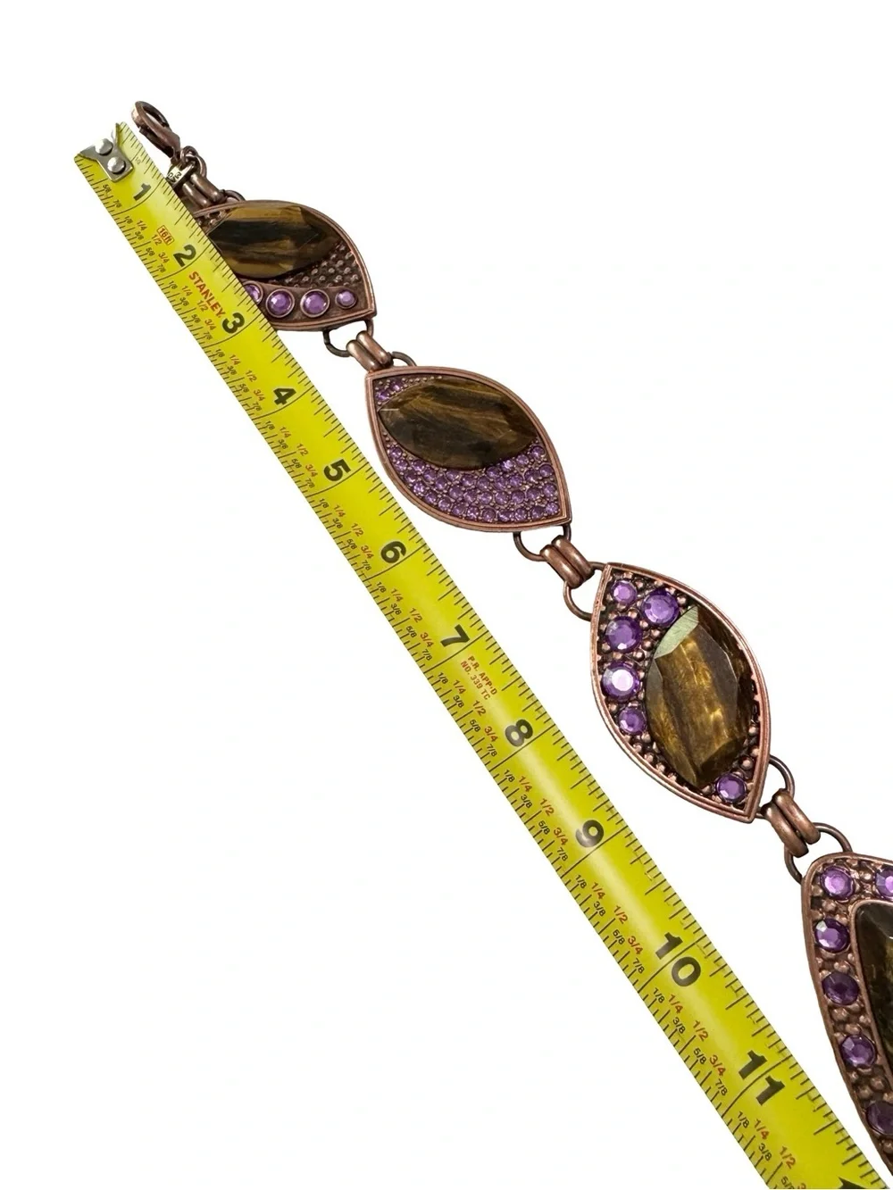 Chico’s Tiger Eye Purple Rhinestone Copper Tone Chain Belt